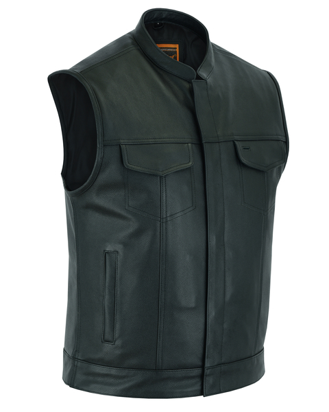 DS189A Concealed Snap Closure, Milled Cowhide, Scoop Collar & Hidden Zipper | Men's Leather Vests