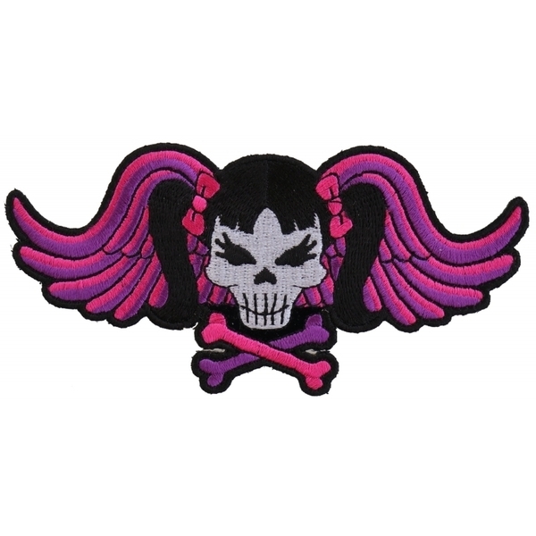 P3419 Pigtails Bow Skull and Wings Small Pink Patch | Patches
