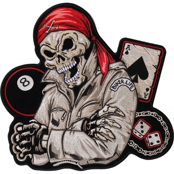 PL4247 Red Bandana Skull 8 Ball Ace of Spades Embroidered Iron on Biker Patch | Patches
