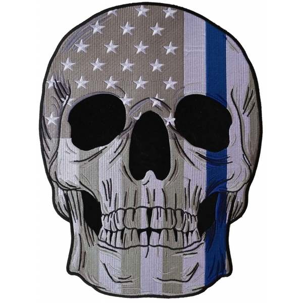 PL5995 Thin Blue Line Police Flag Skull Embroidered Iron on Patch | Patches