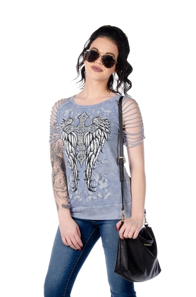 7746 Sliced Short Sleeve with Cross and Wings | Close Outs