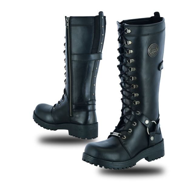 DS9765 Womens 15 Inch Black Leather Stylish Harness Boot | Women's Motorcycle Boots