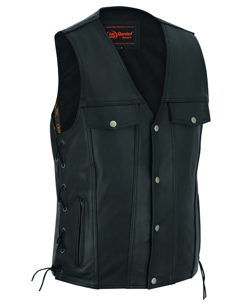 DS124 Mens Black Leather Vest with Side Laces and Gun Pockets | Men's Leather Vests