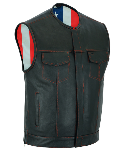 DS155 Mens Leather Vest with Red Stitching and USA Inside Flag Lining | Men's Leather Vests
