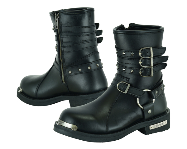 DS9767 Womens 9 Inch Black Triple Buckle Leather Harness Boot | Women's Motorcycle Boots