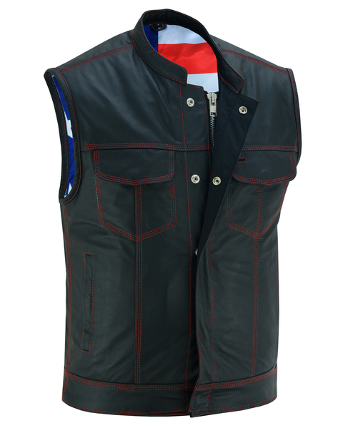 DS165 MENS LEATHER VEST WITH RED STITCHING AND USA INSIDE FLAG LINING WITH SCOO | Men's Leather Vests