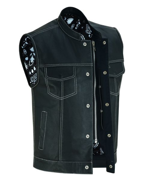 DS164 Mens Paisley Black Leather Motorcycle Vest with White Stitching | Men's Leather Vests