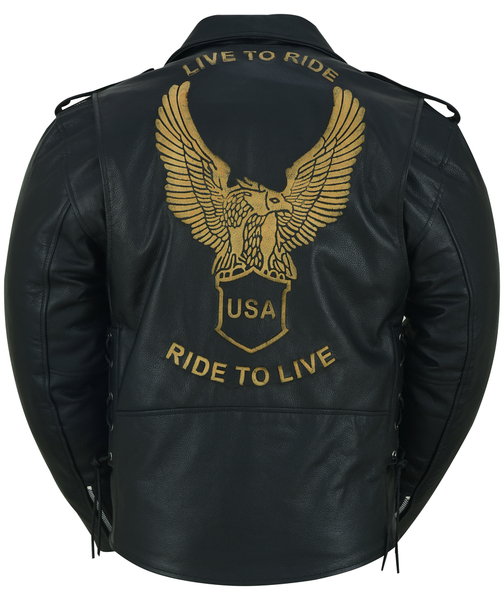 DS759 Men's Eagle Embossed Live To Ride - Ride To Live Classic Black Leather Mot | Men's Leather Motorcycle Jackets