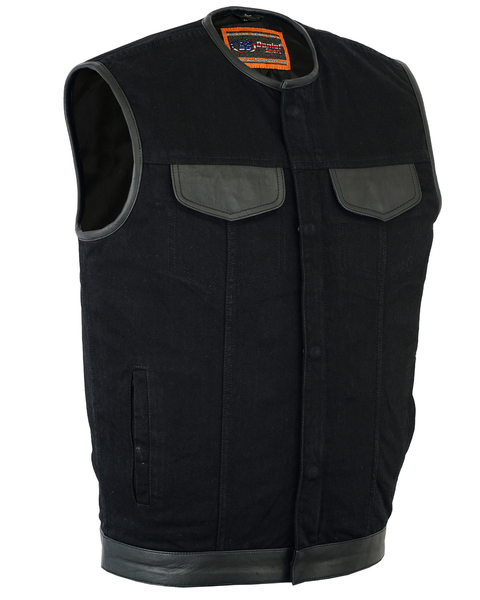 DM991 Men's Black Denim Single Panel Concealment Vest W/Leather Trim- w/o Collar | Men's Denim Vests