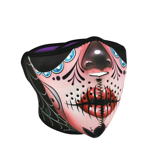 WNFM082H ZAN® Half Mask- Neoprene- Sugar Skull Reversible to Purple | Half Facemasks