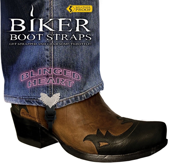 BBS/BH4 Weather Proof- Boot Straps- Blinged Heart- 4 Inch | Biker Boot Straps