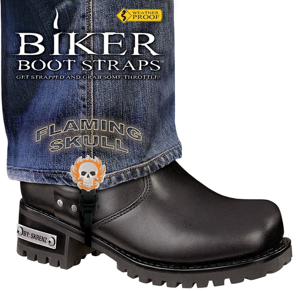 BBS/FS6 Weather Proof- Boot Straps- Flaming Skull- 6 Inch | Biker Boot Straps