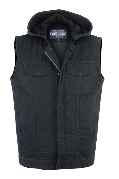 DM982 Men's Black Denim Single Back Panel Concealment Vest w/Removable Hood | Men's Denim Vests