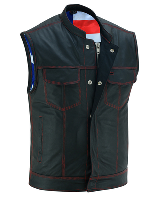 DS165 MENS LEATHER VEST WITH RED STITCHING AND USA INSIDE FLAG LINING WITH SCOO