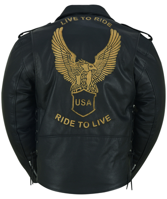 DS759 Men's Eagle Embossed Live To Ride - Ride To Live Classic Black Leather Mot